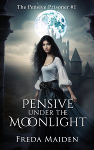 A pensive heroine under the moonlight, with a castle, prison or forest in back.